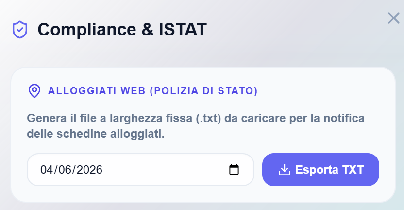 Schermata Compliance e Alloggiati Web in GlancePMS
